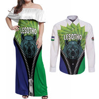 Personalised Lesotho Black Rhinoceros Couples Matching Off Shoulder Maxi Dress and Long Sleeve Button Shirt With Aloe Polyphylla