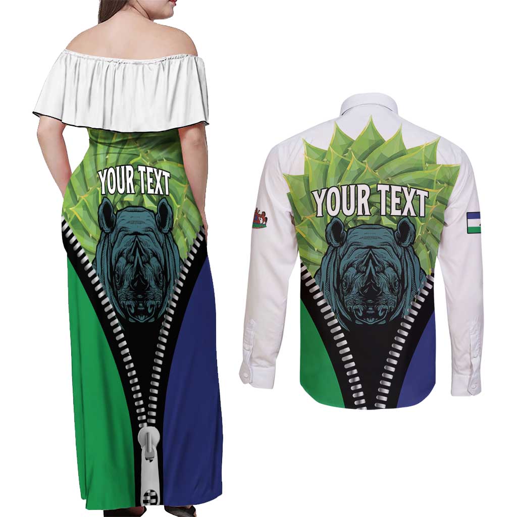 Personalised Lesotho Black Rhinoceros Couples Matching Off Shoulder Maxi Dress and Long Sleeve Button Shirt With Aloe Polyphylla
