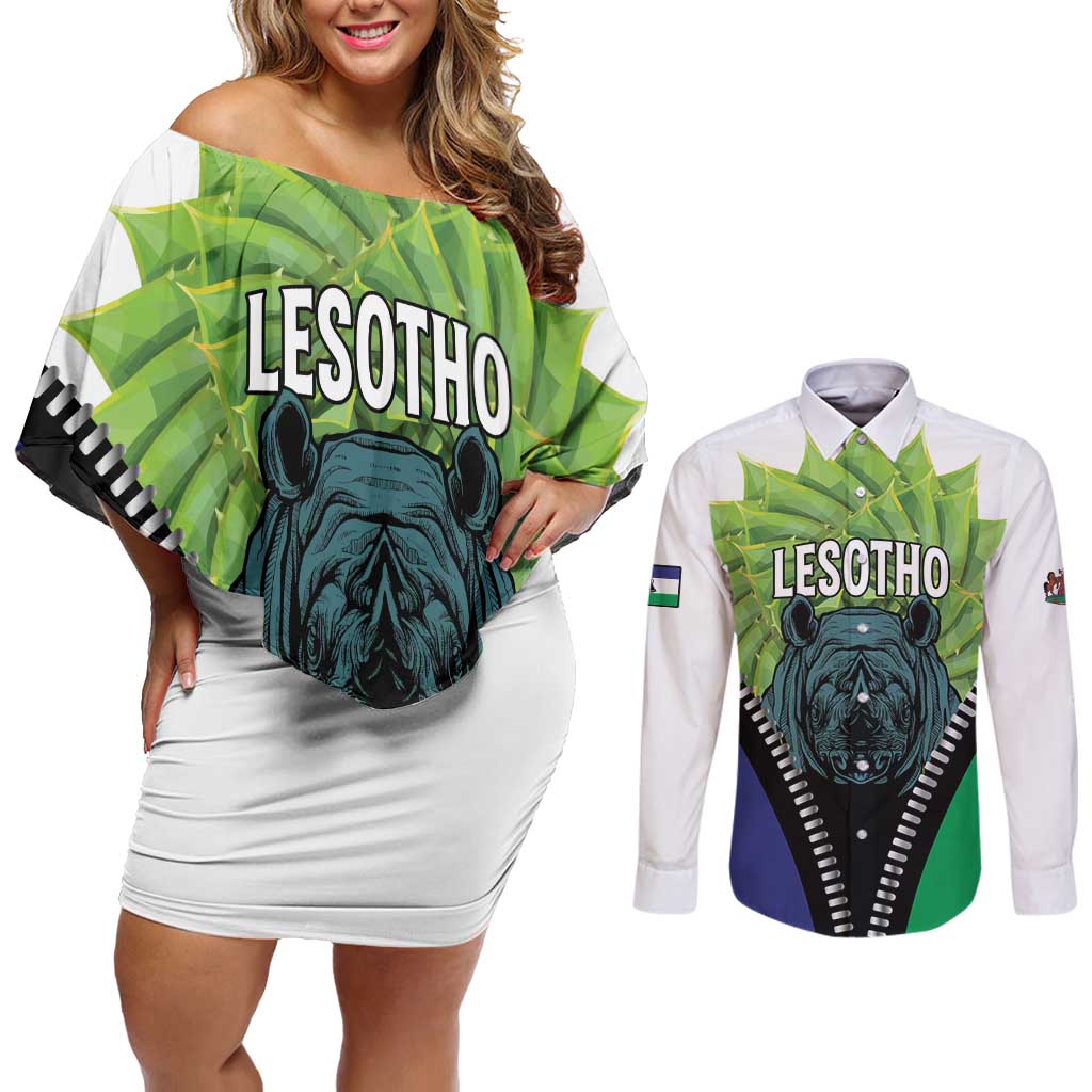 Personalised Lesotho Black Rhinoceros Couples Matching Off Shoulder Short Dress and Long Sleeve Button Shirt With Aloe Polyphylla