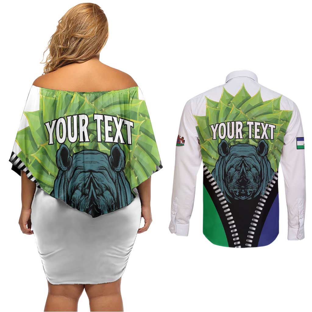 Personalised Lesotho Black Rhinoceros Couples Matching Off Shoulder Short Dress and Long Sleeve Button Shirt With Aloe Polyphylla