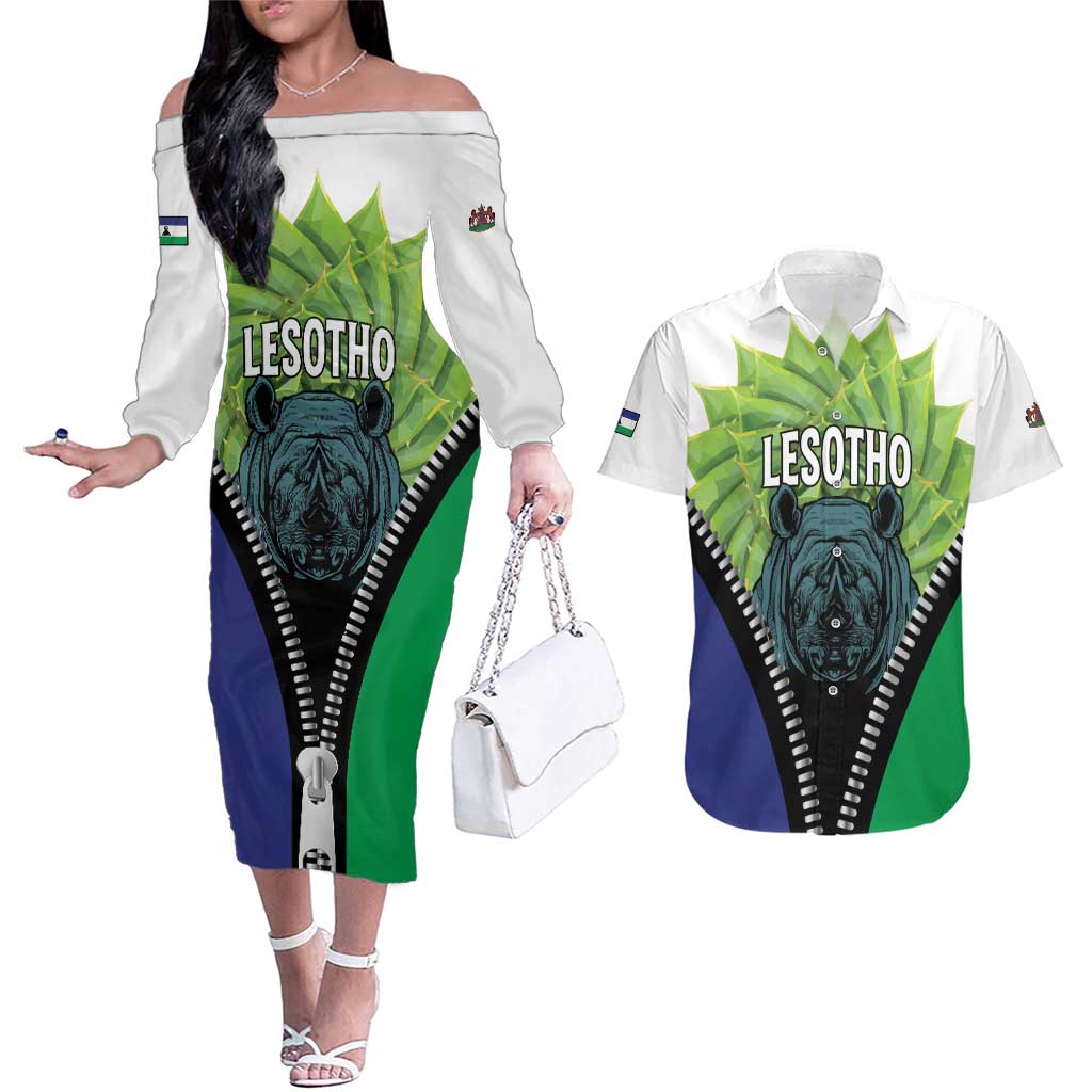 Personalised Lesotho Black Rhinoceros Couples Matching Off The Shoulder Long Sleeve Dress and Hawaiian Shirt With Aloe Polyphylla