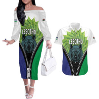 Personalised Lesotho Black Rhinoceros Couples Matching Off The Shoulder Long Sleeve Dress and Hawaiian Shirt With Aloe Polyphylla