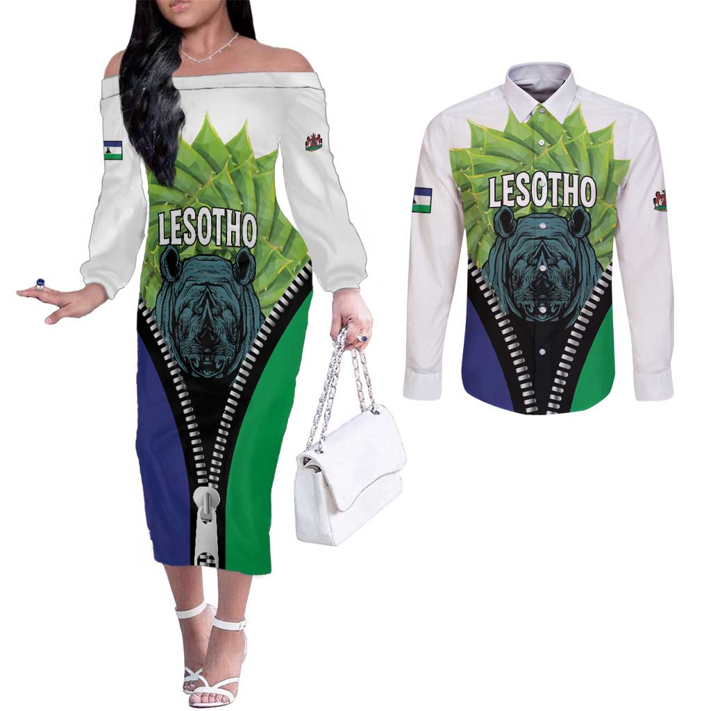 Personalised Lesotho Black Rhinoceros Couples Matching Off The Shoulder Long Sleeve Dress and Long Sleeve Button Shirt With Aloe Polyphylla