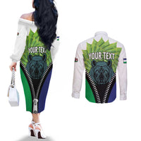 Personalised Lesotho Black Rhinoceros Couples Matching Off The Shoulder Long Sleeve Dress and Long Sleeve Button Shirt With Aloe Polyphylla