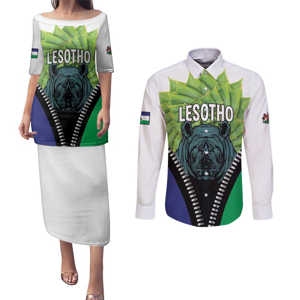 Personalised Lesotho Black Rhinoceros Couples Matching Puletasi and Long Sleeve Button Shirt With Aloe Polyphylla