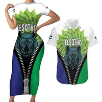 Personalised Lesotho Black Rhinoceros Couples Matching Short Sleeve Bodycon Dress and Hawaiian Shirt With Aloe Polyphylla