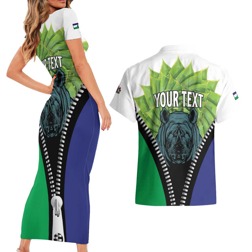Personalised Lesotho Black Rhinoceros Couples Matching Short Sleeve Bodycon Dress and Hawaiian Shirt With Aloe Polyphylla