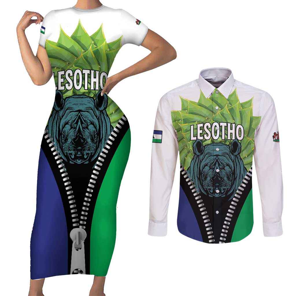 Personalised Lesotho Black Rhinoceros Couples Matching Short Sleeve Bodycon Dress and Long Sleeve Button Shirt With Aloe Polyphylla