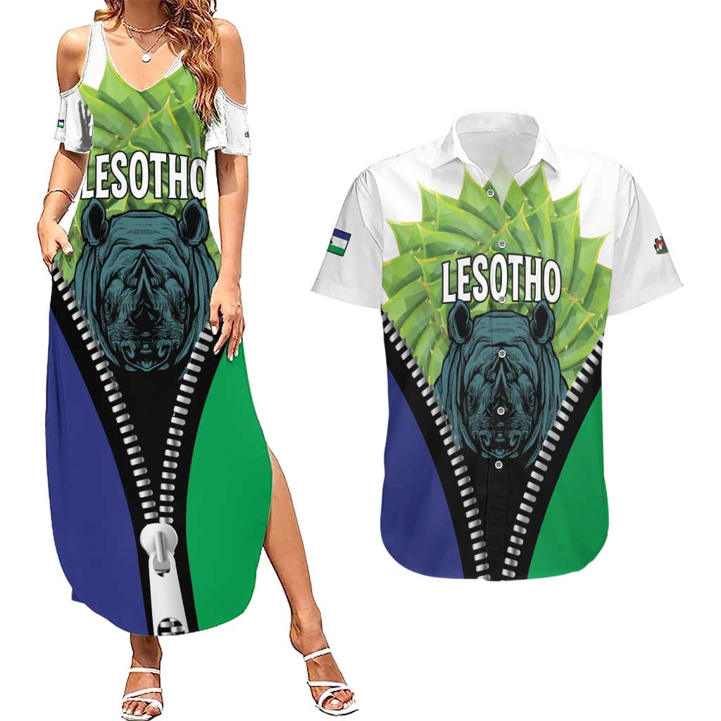 Personalised Lesotho Black Rhinoceros Couples Matching Summer Maxi Dress and Hawaiian Shirt With Aloe Polyphylla