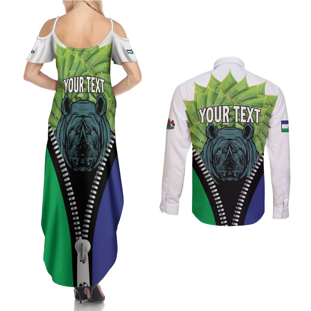 Personalised Lesotho Black Rhinoceros Couples Matching Summer Maxi Dress and Long Sleeve Button Shirt With Aloe Polyphylla