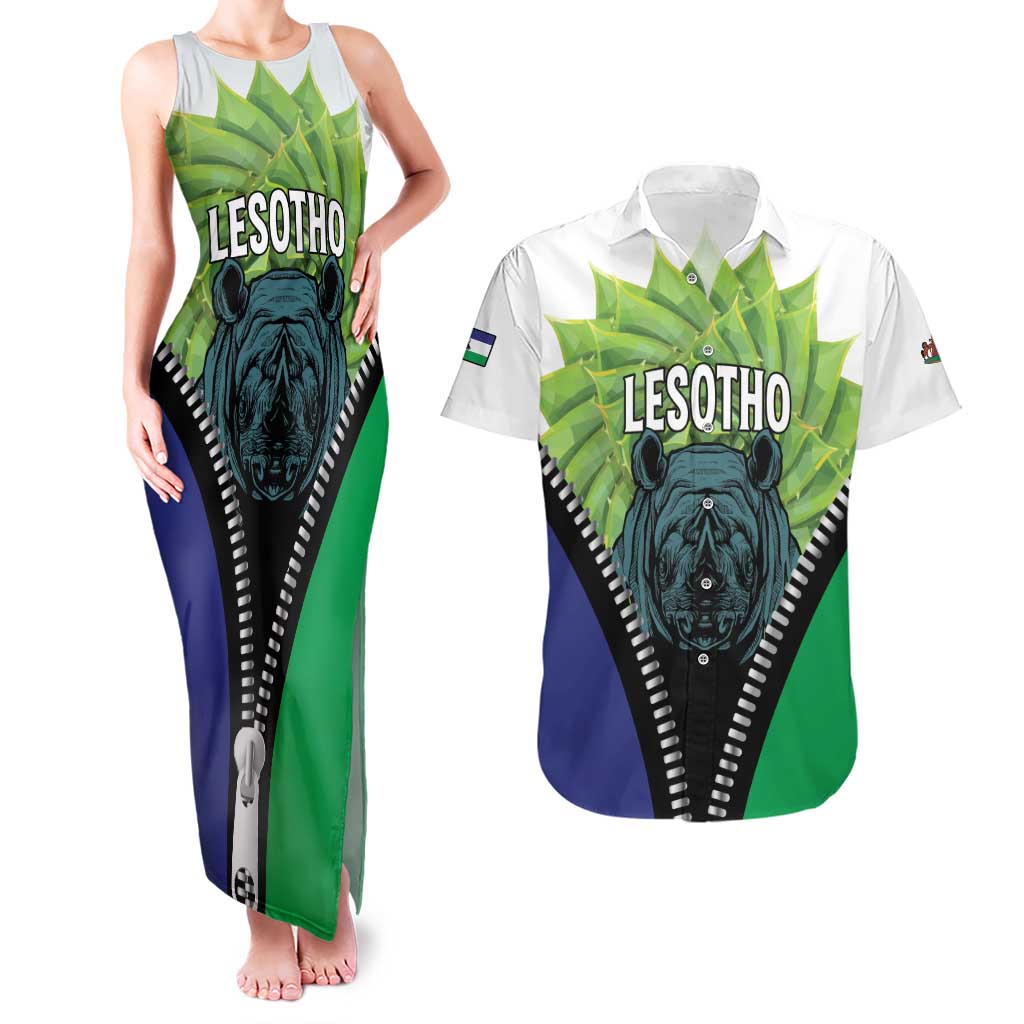Personalised Lesotho Black Rhinoceros Couples Matching Tank Maxi Dress and Hawaiian Shirt With Aloe Polyphylla