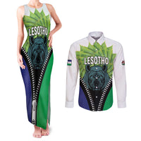 Personalised Lesotho Black Rhinoceros Couples Matching Tank Maxi Dress and Long Sleeve Button Shirt With Aloe Polyphylla