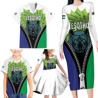 Personalised Lesotho Black Rhinoceros Family Matching Long Sleeve Bodycon Dress and Hawaiian Shirt With Aloe Polyphylla