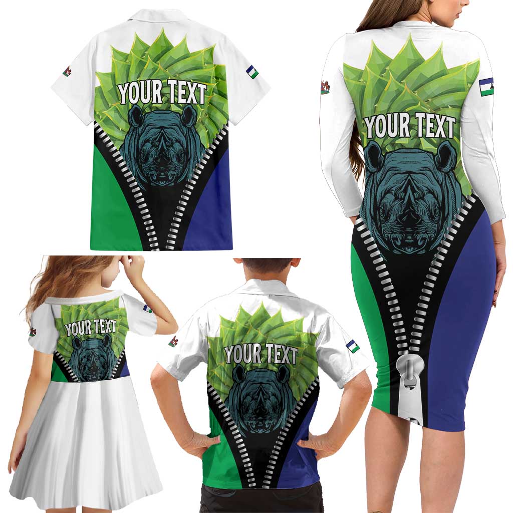 Personalised Lesotho Black Rhinoceros Family Matching Long Sleeve Bodycon Dress and Hawaiian Shirt With Aloe Polyphylla