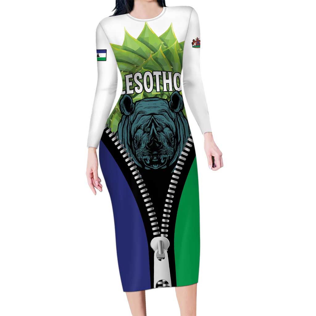 Personalised Lesotho Black Rhinoceros Family Matching Long Sleeve Bodycon Dress and Hawaiian Shirt With Aloe Polyphylla