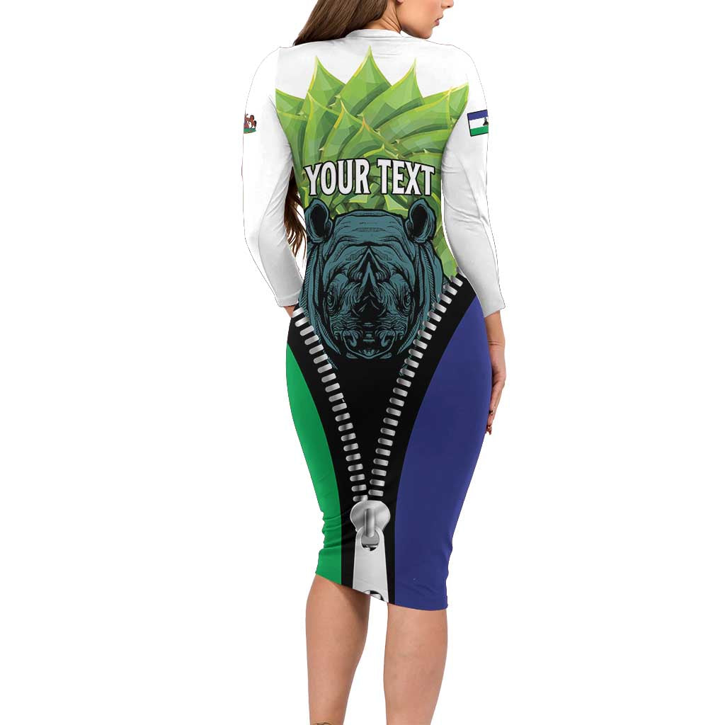 Personalised Lesotho Black Rhinoceros Family Matching Long Sleeve Bodycon Dress and Hawaiian Shirt With Aloe Polyphylla