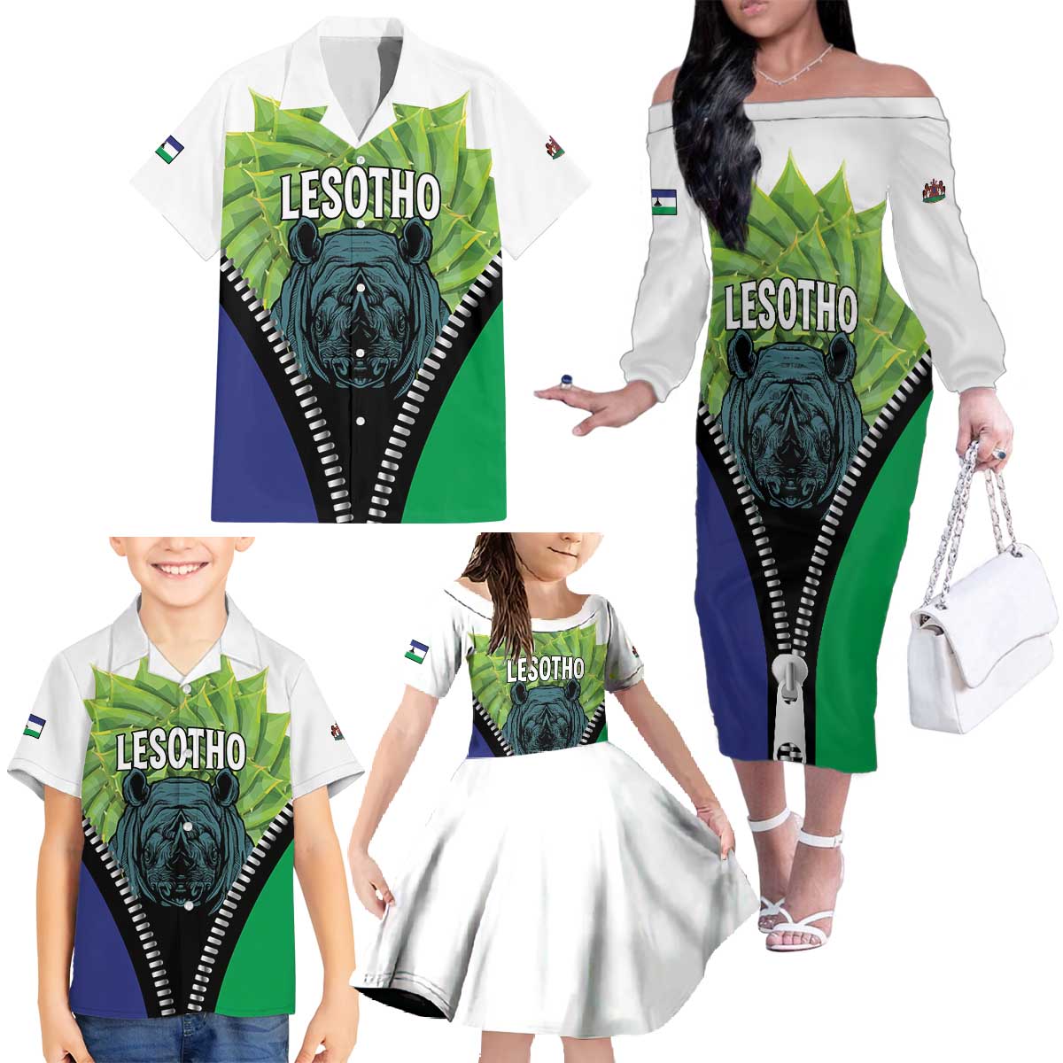Personalised Lesotho Black Rhinoceros Family Matching Off The Shoulder Long Sleeve Dress and Hawaiian Shirt With Aloe Polyphylla