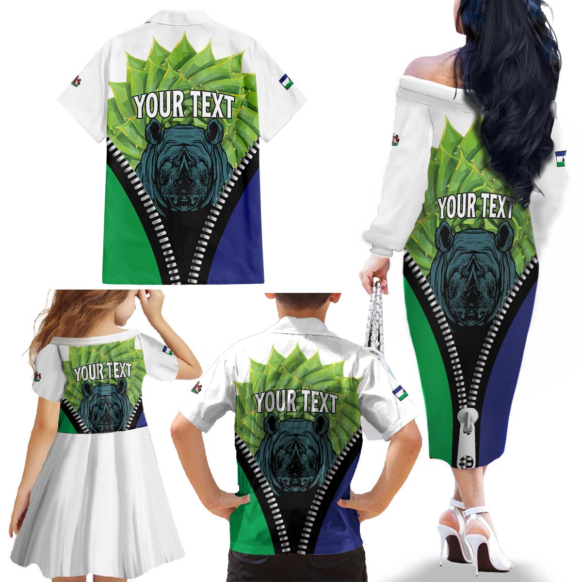Personalised Lesotho Black Rhinoceros Family Matching Off The Shoulder Long Sleeve Dress and Hawaiian Shirt With Aloe Polyphylla