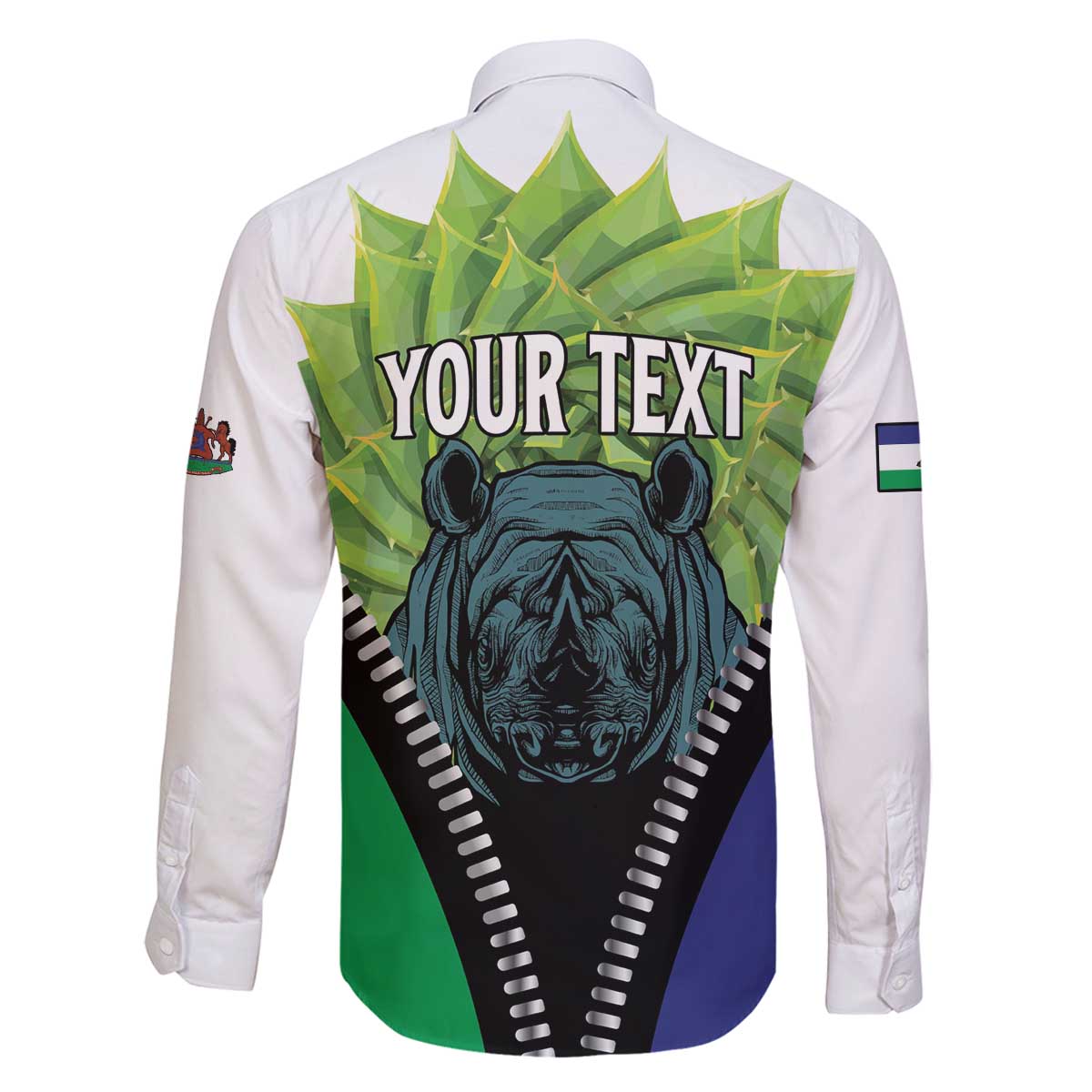 Personalised Lesotho Black Rhinoceros Family Matching Off The Shoulder Long Sleeve Dress and Hawaiian Shirt With Aloe Polyphylla