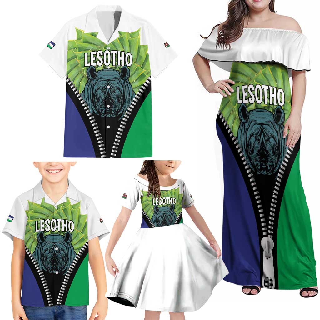 Personalised Lesotho Black Rhinoceros Family Matching Off Shoulder Maxi Dress and Hawaiian Shirt With Aloe Polyphylla