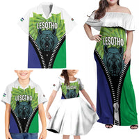 Personalised Lesotho Black Rhinoceros Family Matching Off Shoulder Maxi Dress and Hawaiian Shirt With Aloe Polyphylla
