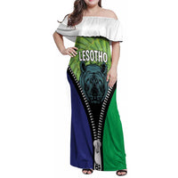 Personalised Lesotho Black Rhinoceros Family Matching Off Shoulder Maxi Dress and Hawaiian Shirt With Aloe Polyphylla