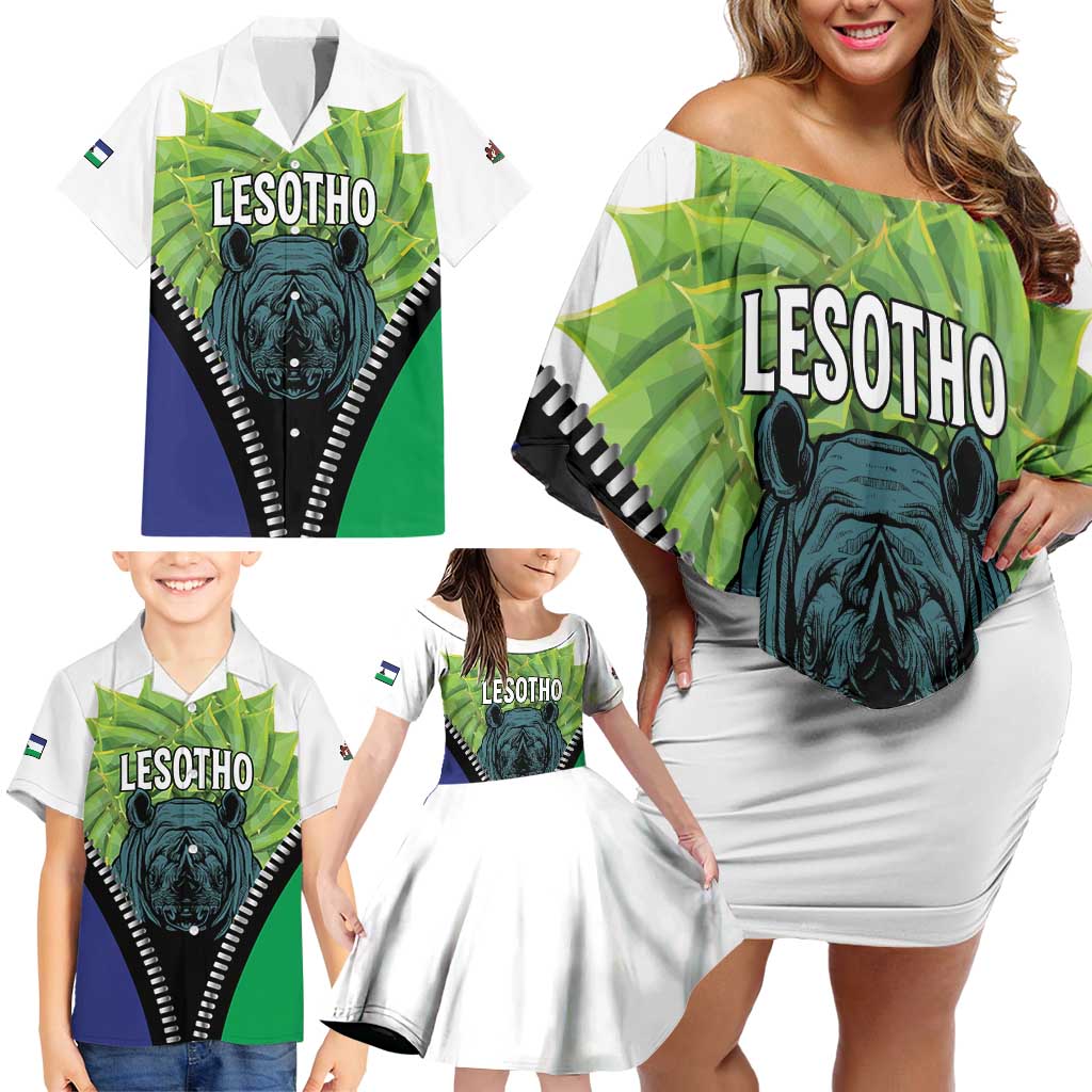 Personalised Lesotho Black Rhinoceros Family Matching Off Shoulder Short Dress and Hawaiian Shirt With Aloe Polyphylla