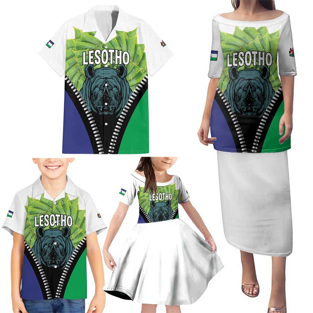 Personalised Lesotho Black Rhinoceros Family Matching Puletasi and Hawaiian Shirt With Aloe Polyphylla