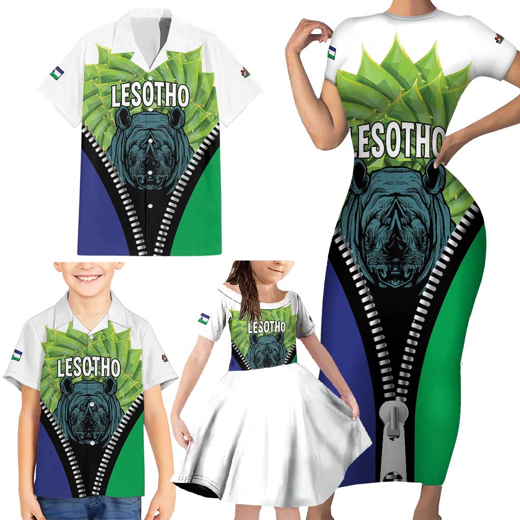 Personalised Lesotho Black Rhinoceros Family Matching Short Sleeve Bodycon Dress and Hawaiian Shirt With Aloe Polyphylla