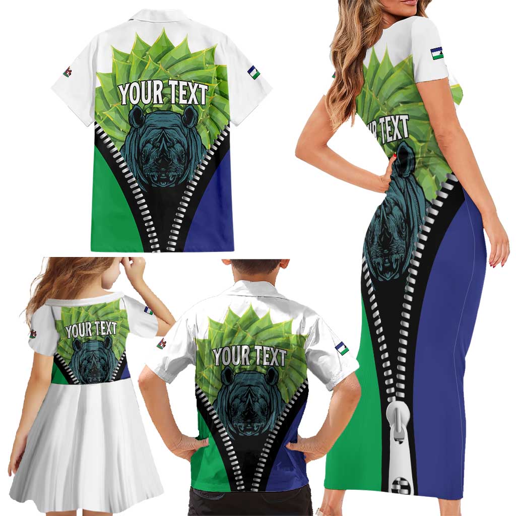 Personalised Lesotho Black Rhinoceros Family Matching Short Sleeve Bodycon Dress and Hawaiian Shirt With Aloe Polyphylla