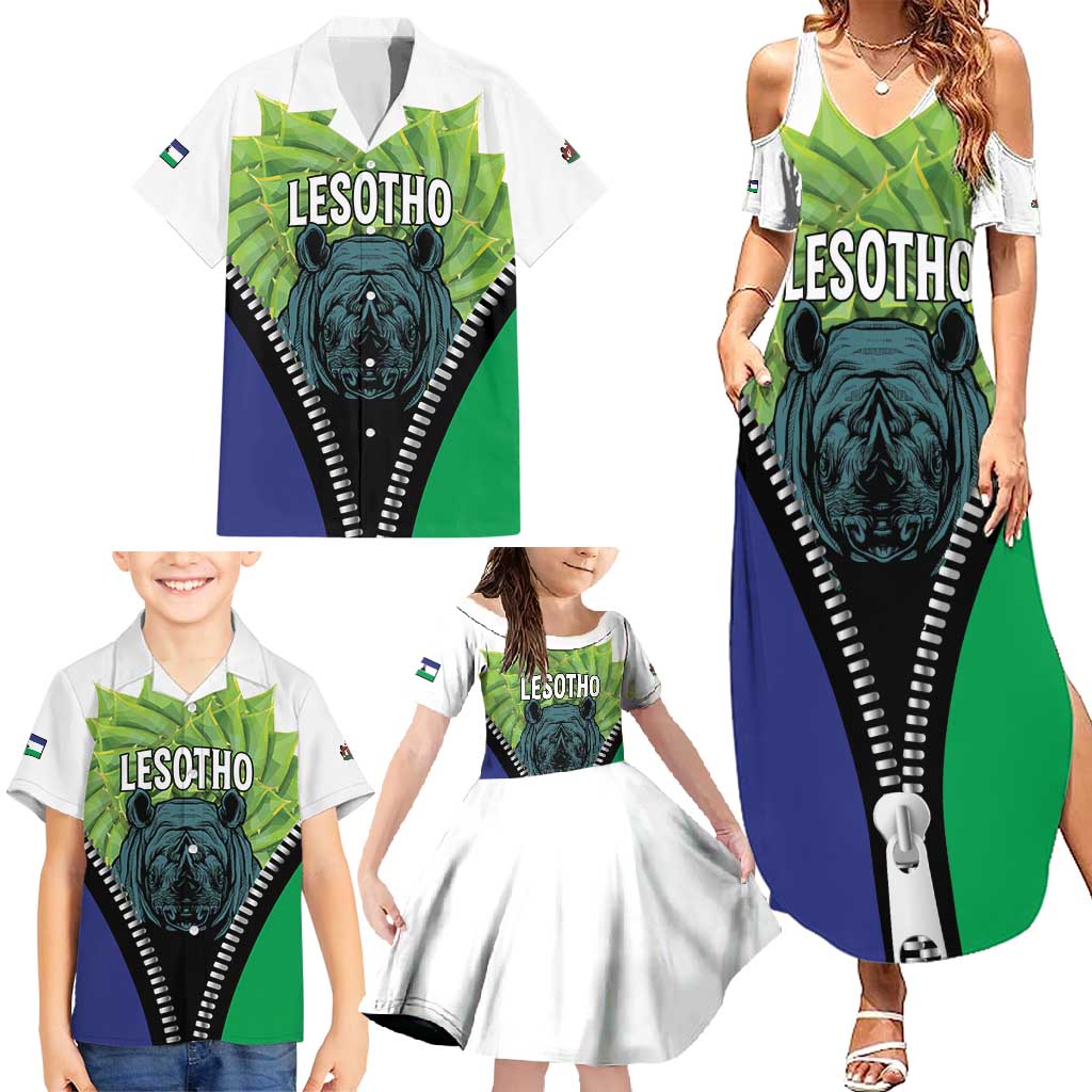 Personalised Lesotho Black Rhinoceros Family Matching Summer Maxi Dress and Hawaiian Shirt With Aloe Polyphylla