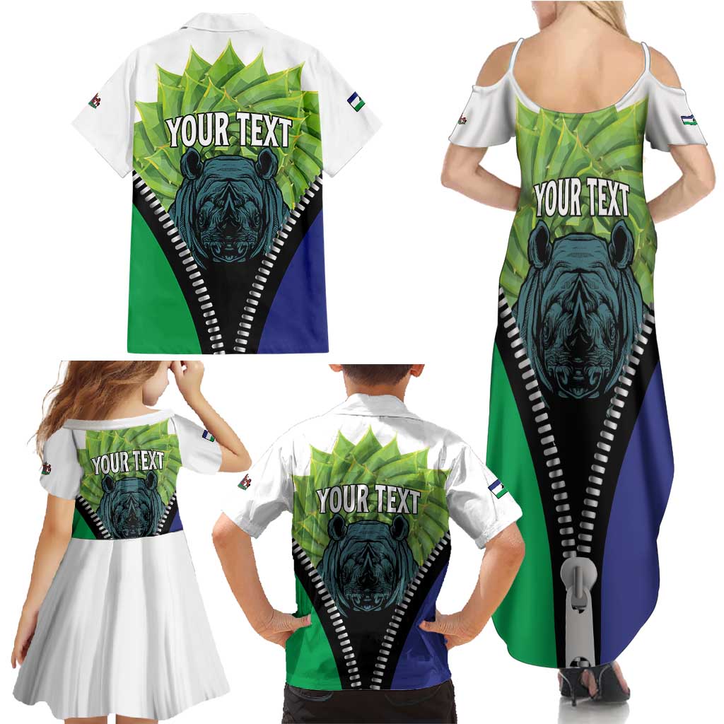 Personalised Lesotho Black Rhinoceros Family Matching Summer Maxi Dress and Hawaiian Shirt With Aloe Polyphylla