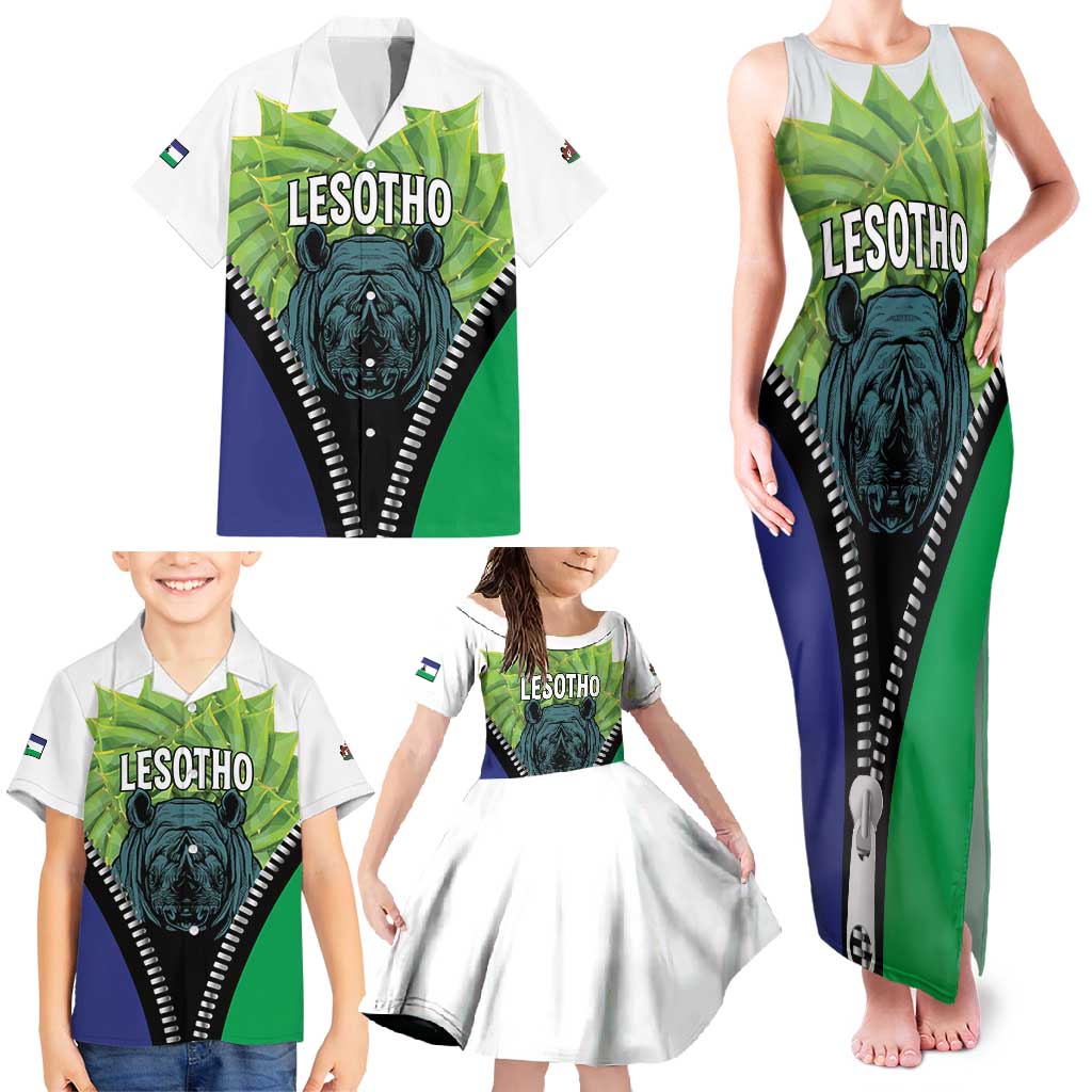 Personalised Lesotho Black Rhinoceros Family Matching Tank Maxi Dress and Hawaiian Shirt With Aloe Polyphylla