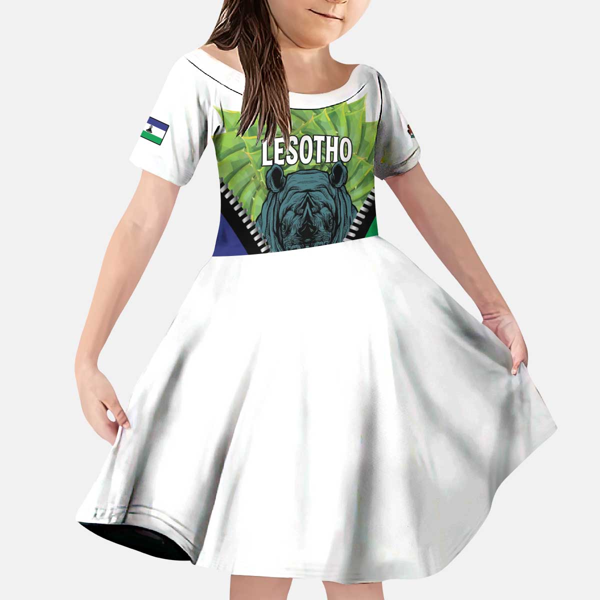 Personalised Lesotho Black Rhinoceros Kid Short Sleeve Dress With Aloe Polyphylla