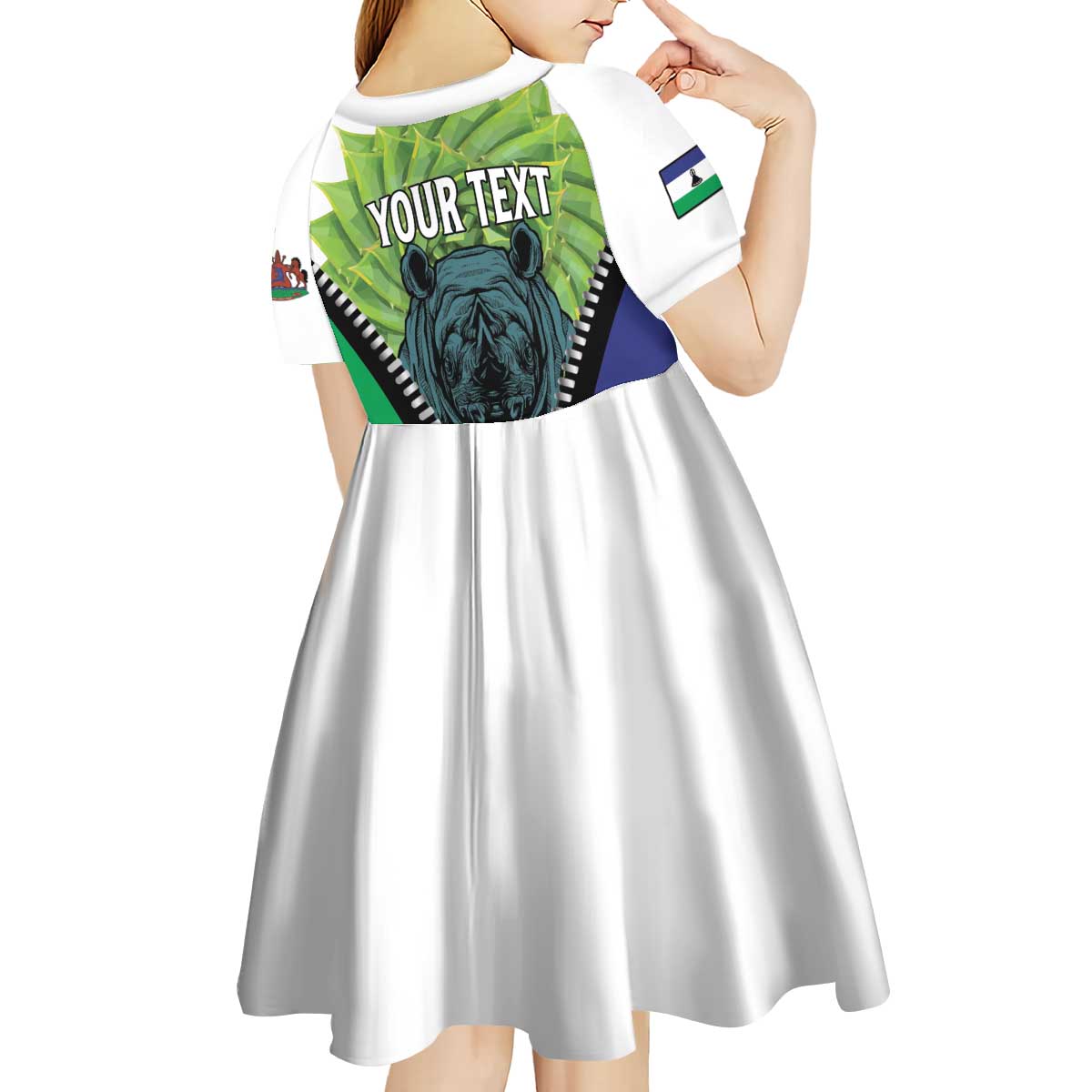 Personalised Lesotho Black Rhinoceros Kid Short Sleeve Dress With Aloe Polyphylla