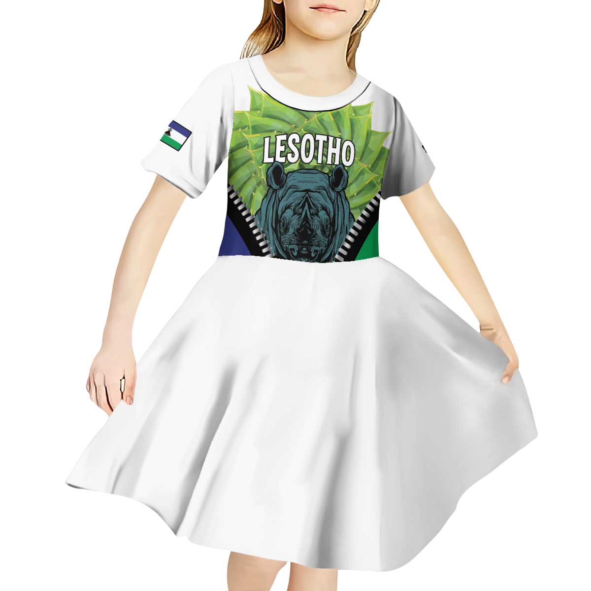 Personalised Lesotho Black Rhinoceros Kid Short Sleeve Dress With Aloe Polyphylla