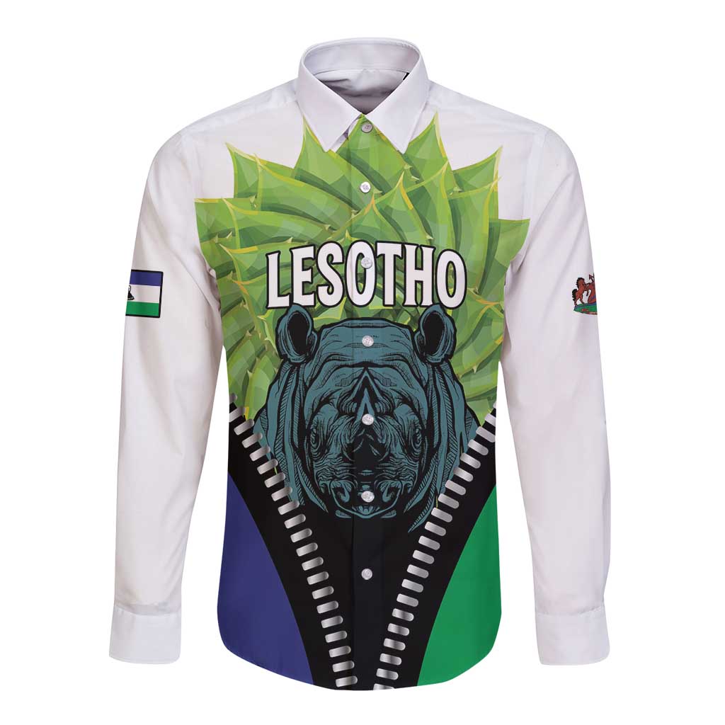 Personalised Lesotho Black Rhinoceros Long Sleeve Button Shirt With Aloe Polyphylla