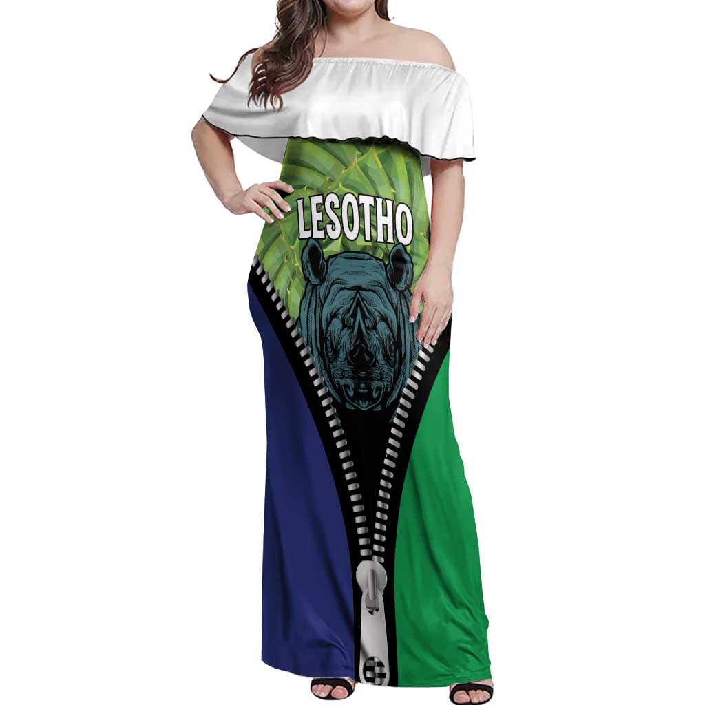 Personalised Lesotho Black Rhinoceros Off Shoulder Maxi Dress With Aloe Polyphylla