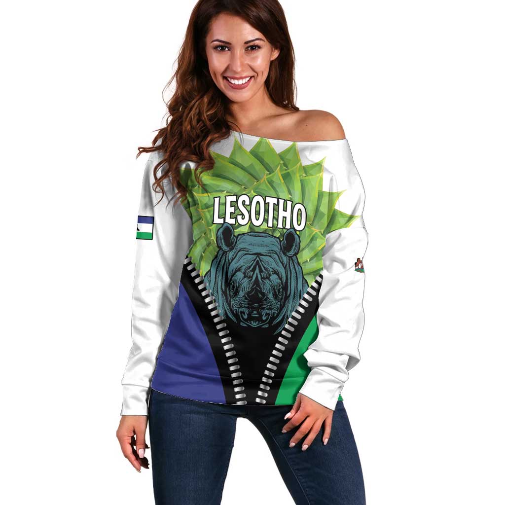 Personalised Lesotho Black Rhinoceros Off Shoulder Sweater With Aloe Polyphylla