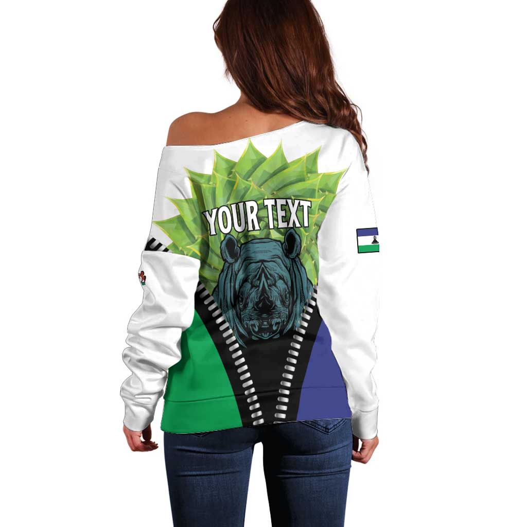 Personalised Lesotho Black Rhinoceros Off Shoulder Sweater With Aloe Polyphylla
