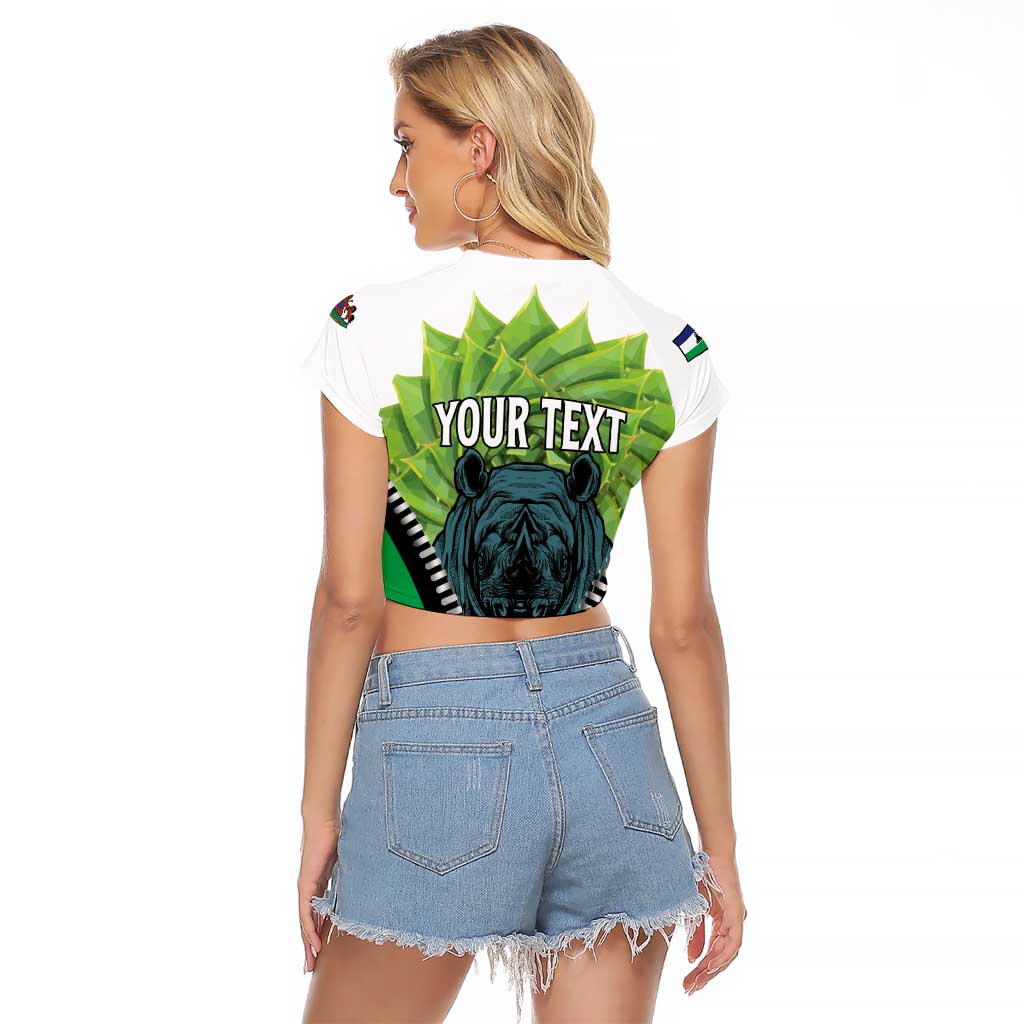 Personalised Lesotho Black Rhinoceros Raglan Cropped T Shirt With Aloe Polyphylla