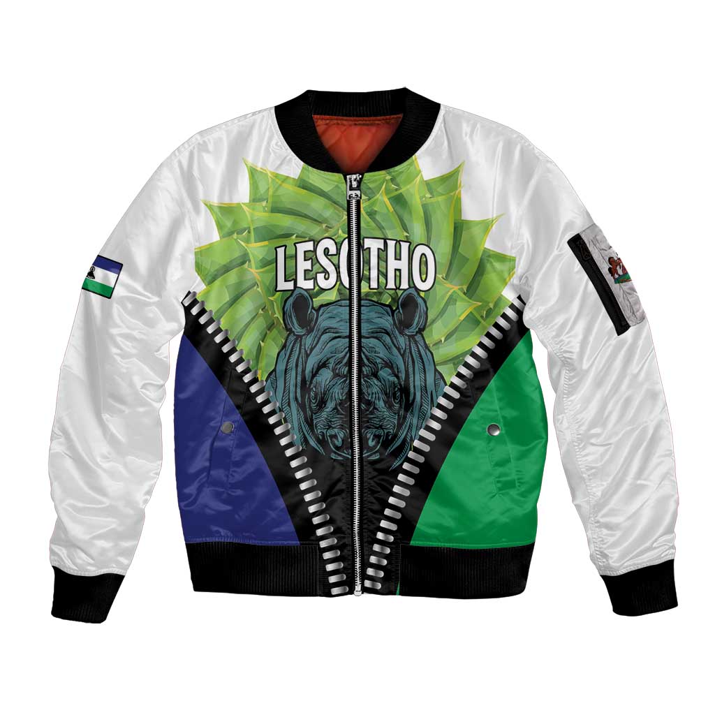 Personalised Lesotho Black Rhinoceros Sleeve Zip Bomber Jacket With Aloe Polyphylla
