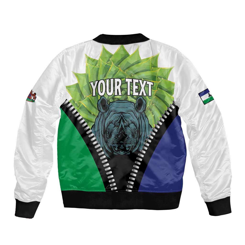 Personalised Lesotho Black Rhinoceros Sleeve Zip Bomber Jacket With Aloe Polyphylla