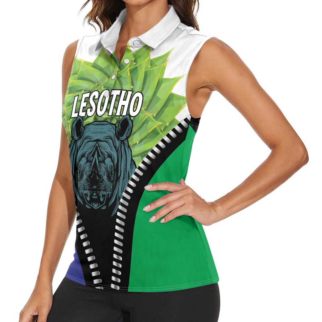 Personalised Lesotho Black Rhinoceros Women Sleeveless Polo Shirt With Aloe Polyphylla