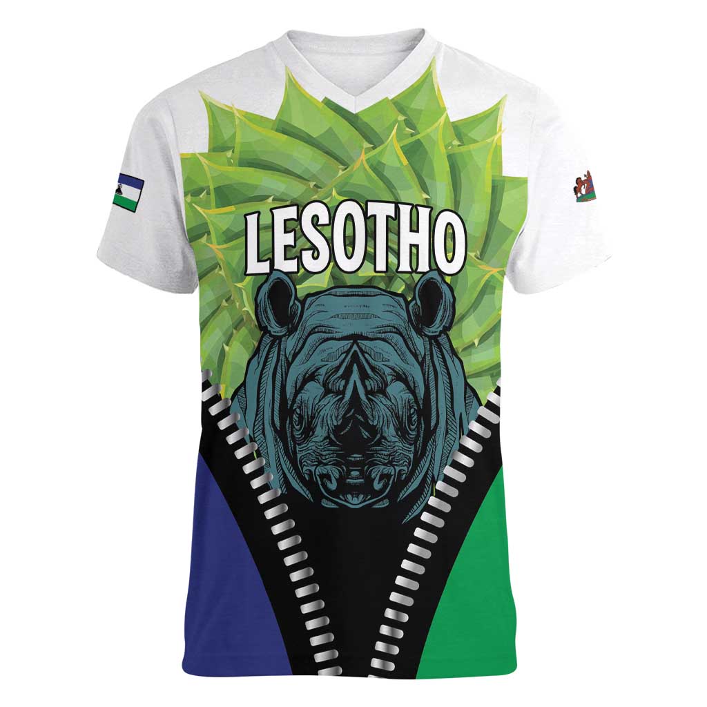 Personalised Lesotho Black Rhinoceros Women V-Neck T-Shirt With Aloe Polyphylla