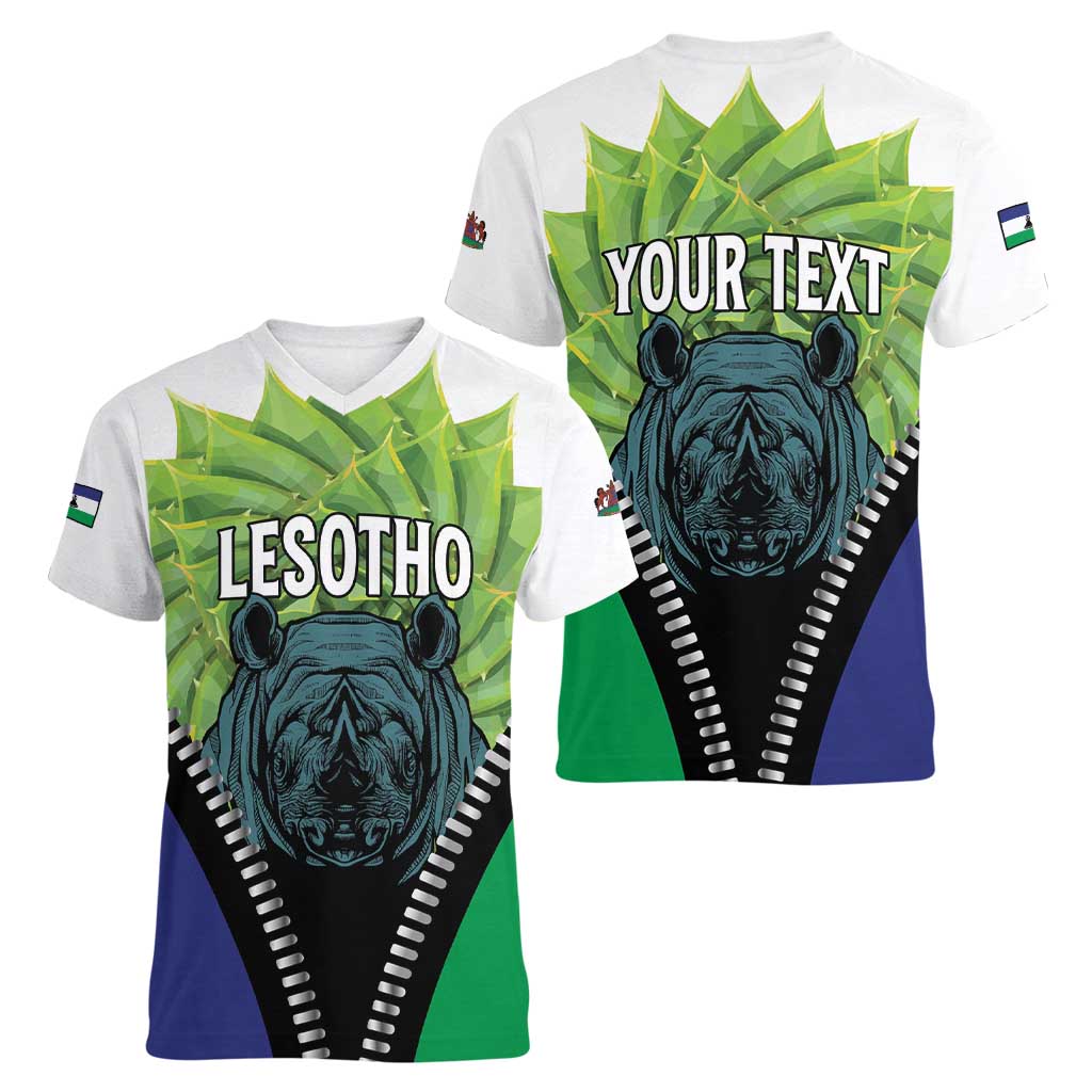 Personalised Lesotho Black Rhinoceros Women V-Neck T-Shirt With Aloe Polyphylla