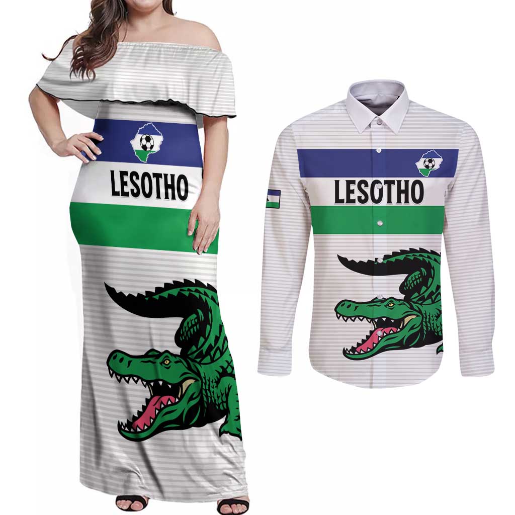 Custom Lesotho Football Couples Matching Off Shoulder Maxi Dress and Long Sleeve Button Shirt Likuena For Victory
