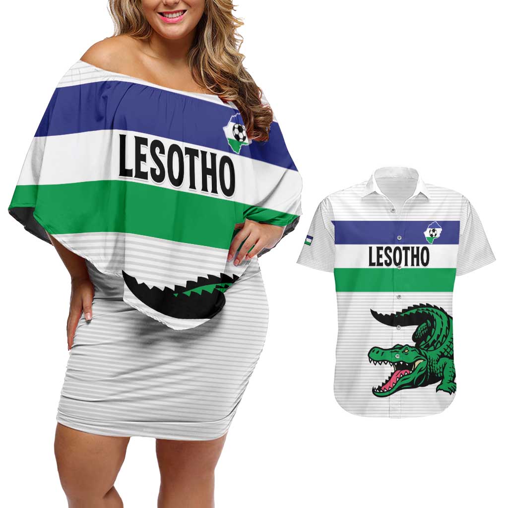 Custom Lesotho Football Couples Matching Off Shoulder Short Dress and Hawaiian Shirt Likuena For Victory