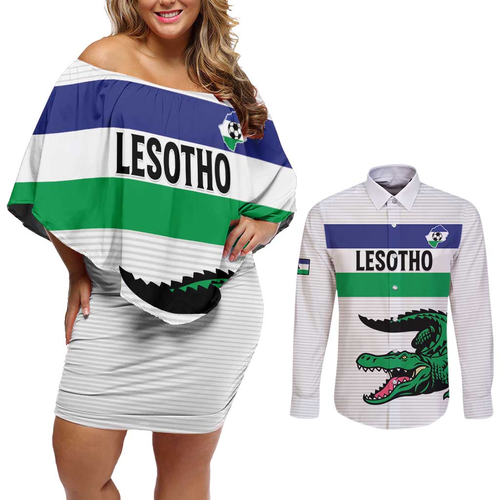 Custom Lesotho Football Couples Matching Off Shoulder Short Dress and Long Sleeve Button Shirt Likuena For Victory