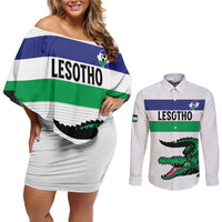 Custom Lesotho Football Couples Matching Off Shoulder Short Dress and Long Sleeve Button Shirt Likuena For Victory